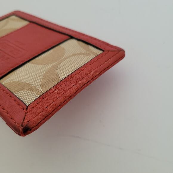 Coach Card Case Wallet Canvas Leather 4x2 Mini Small Red Compact ID Holder Logo - Picture 8 of 8
